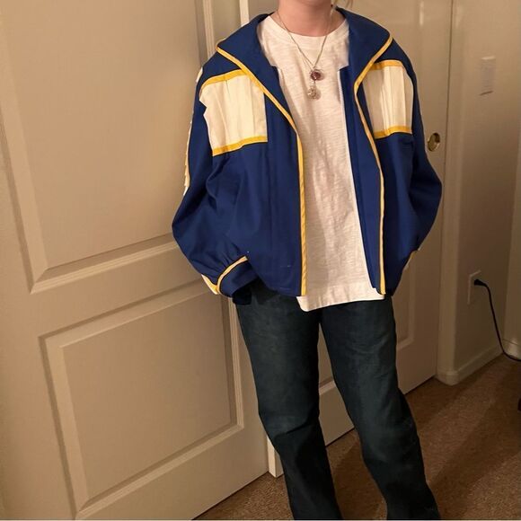 Bomber VTG 80s Grandma Royal Blue Yellow White Boxy Drop Shoulder jacket Coat M - Picture 1 of 16